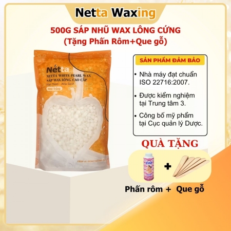 Túi 500g Sáp Wax Lông Cứng Nhũ Trắng Netta Waxing - Tặng Phấn Rôm Và Que Gỗ
